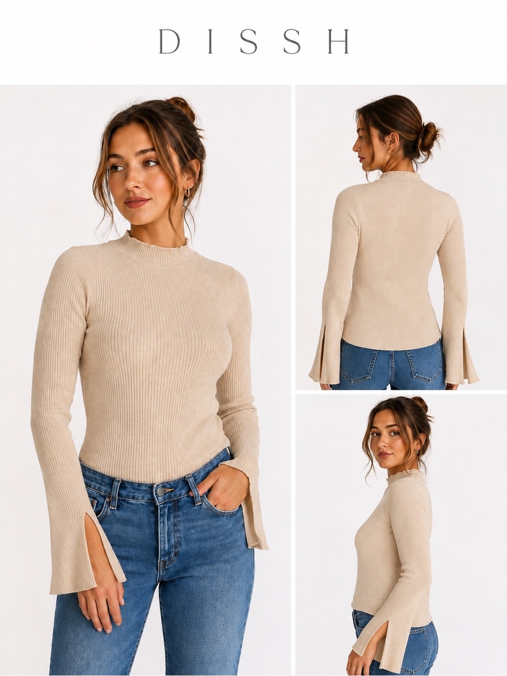 DISSH Tan Ribbed Split Sleeve Mock Neck Top Size Large granola girl minimalist